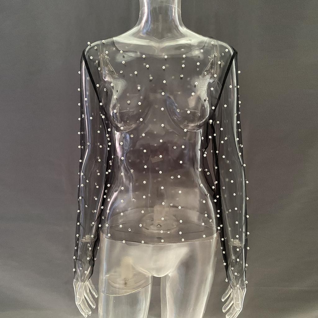Женский прозрачный сетчатый топ с бусинами и стразами