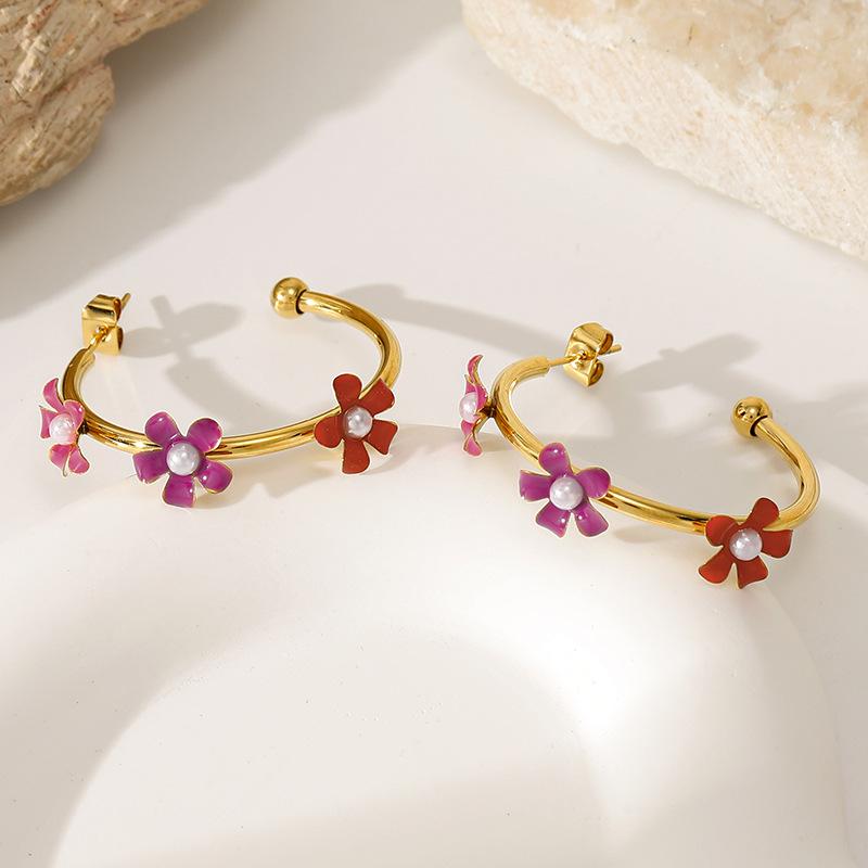French Gentle Wind Three-dimensional Flower Earrings Small Flower Imitation Pearl Opening C-Type Earrings Stainless Steel Jewelry