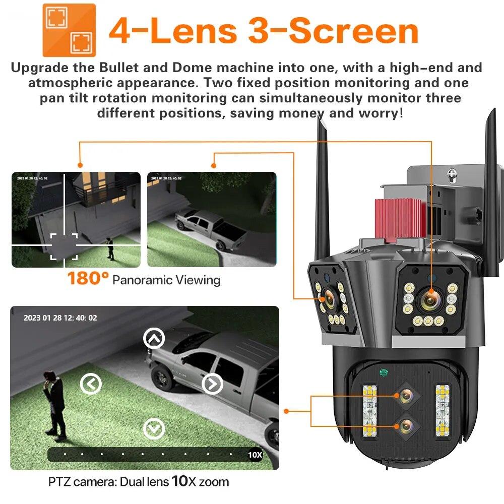 LS VISION 16MP 8K IP Camera 10X Zoom Outdoor Four Lenses Three-Screen PTZ WiFi Camera Security Protection CCTV Color Night Vision Cam Home Security