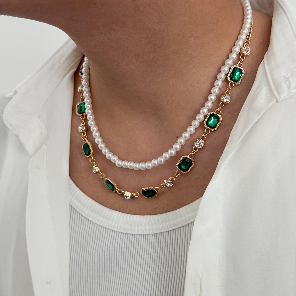 Salircon 2Pcs/Set Fashion Imitation Pearl Acrylic Rhinestone Choker Necklace Exquisite Luxury Doublelayer Clavicle Chain Jewelry