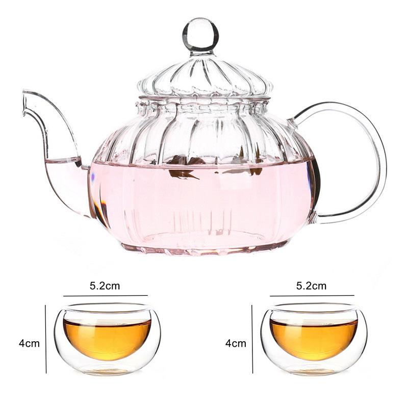 Heat Resistant Glass Pot 600ml Striped Pumpkin Shape Flower Teapot Glass Teapot with Infuser Tea Leaf Herbal Flower TeaCup