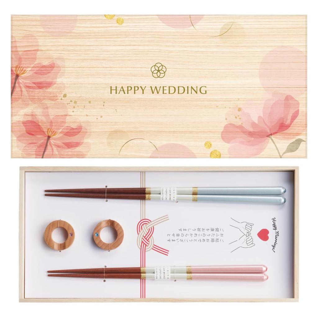 Paulownia box set couples chopsticks made Japan chopstick rests washi gift wrapping champagne pair wedding marriage celebration two pink floral.