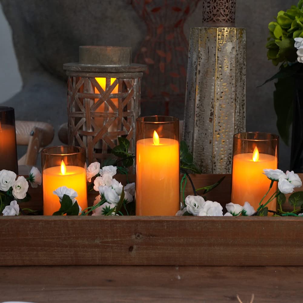 Homemory Flickering Flameless Battery Operated Acrylic LED Pillar Candles with Remote Control and Glass Set of 3 Candles, Timer, Effect, White,