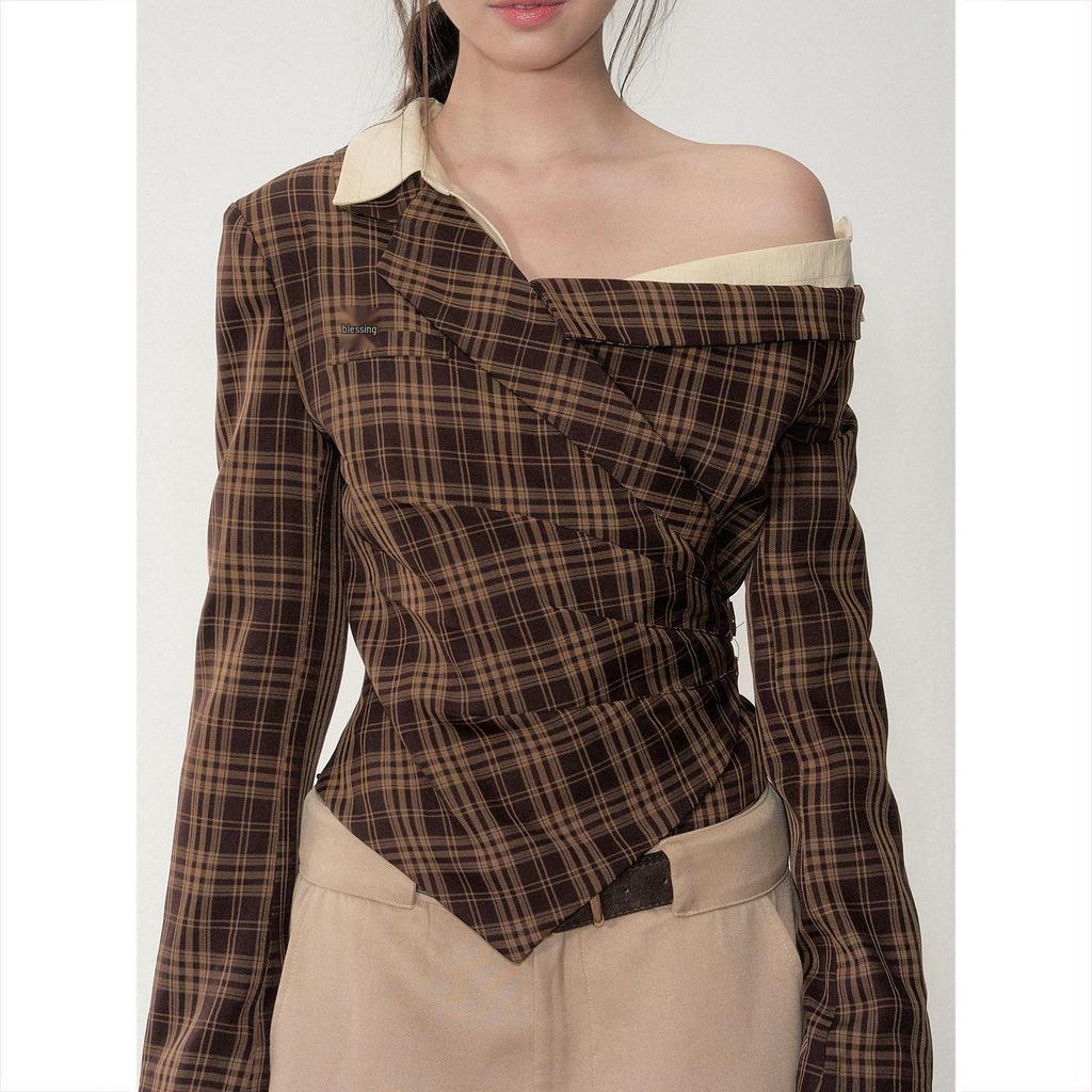 Осенняя клетчатая рубашка с длинным рукавом и открытыми плечами для женщин, приталенная, стройнящая, великолепный дизайн