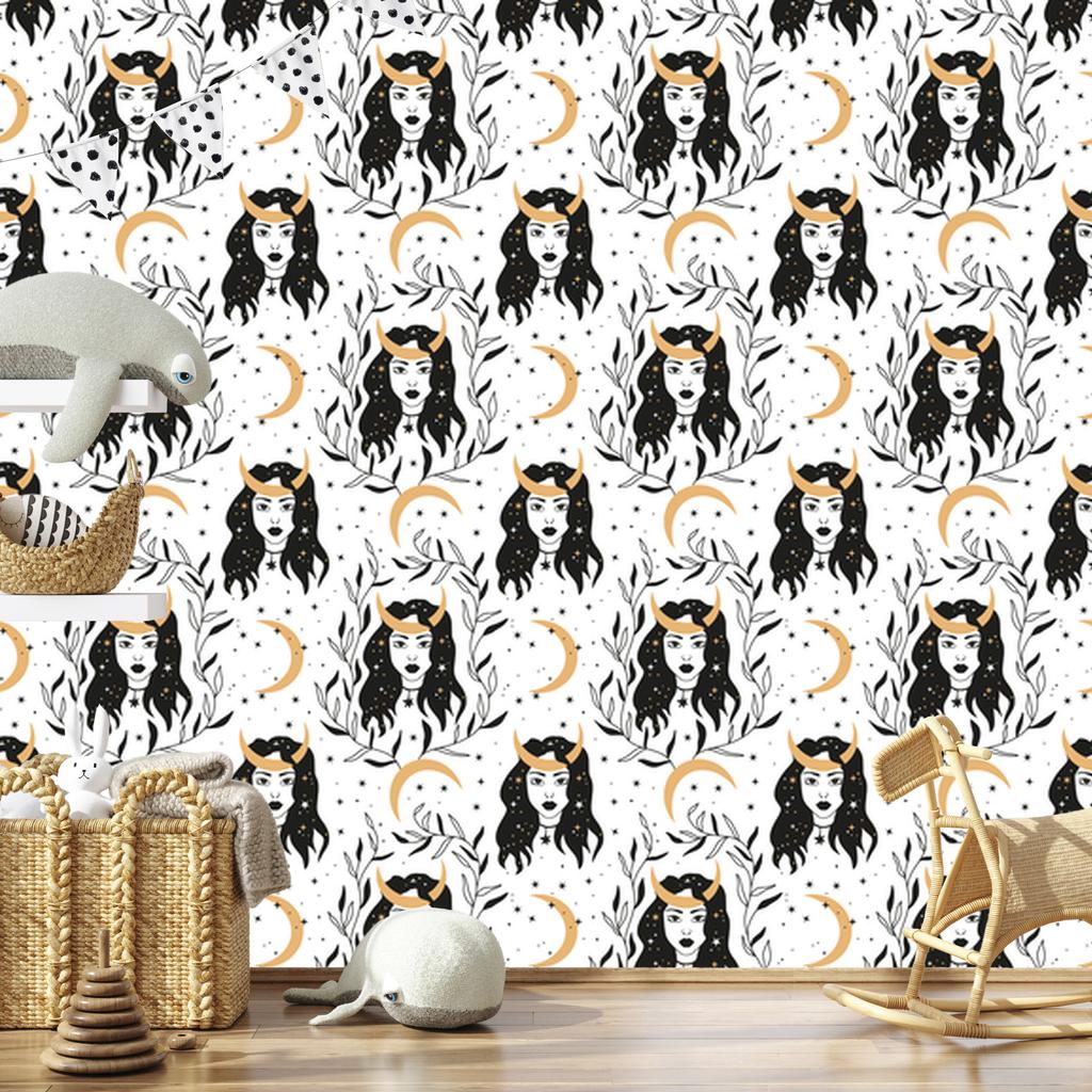 Women and Astrology Wallpaper Graphite and Brown for Living Room and Bedroom 50x1000