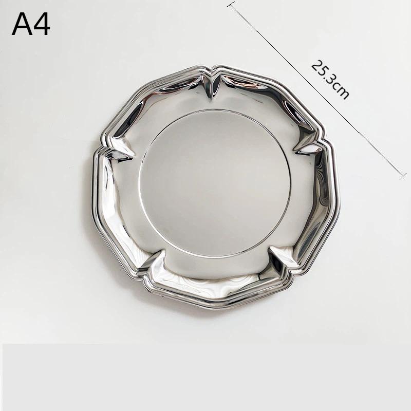 Silver Stainless Steel Cake Tray Round Mirror Surface Dessert Plate for Restaurant Buffet Food Display
