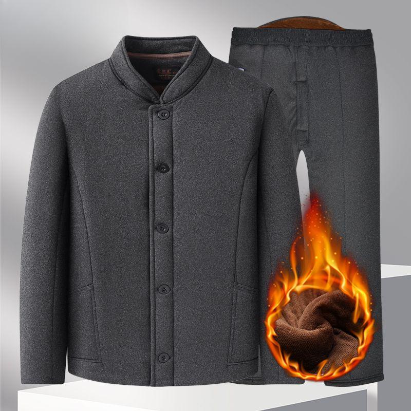 Winter Suit Men's Cotton Clothes Cotton Pants Two-piece Set Dad Thickened Warm Vest Velvet Cotton Suit