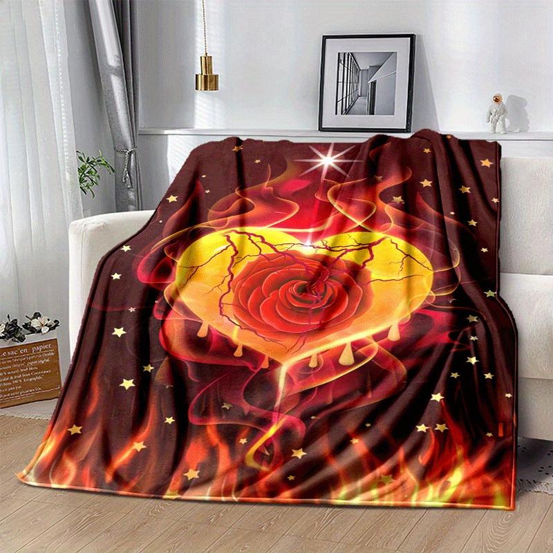 1pc Rose Flame Printing Lightweight Flannel Blanket, Comfortable and Warm Blanket, for Camping Sofa Bed and Couch Office, Gift