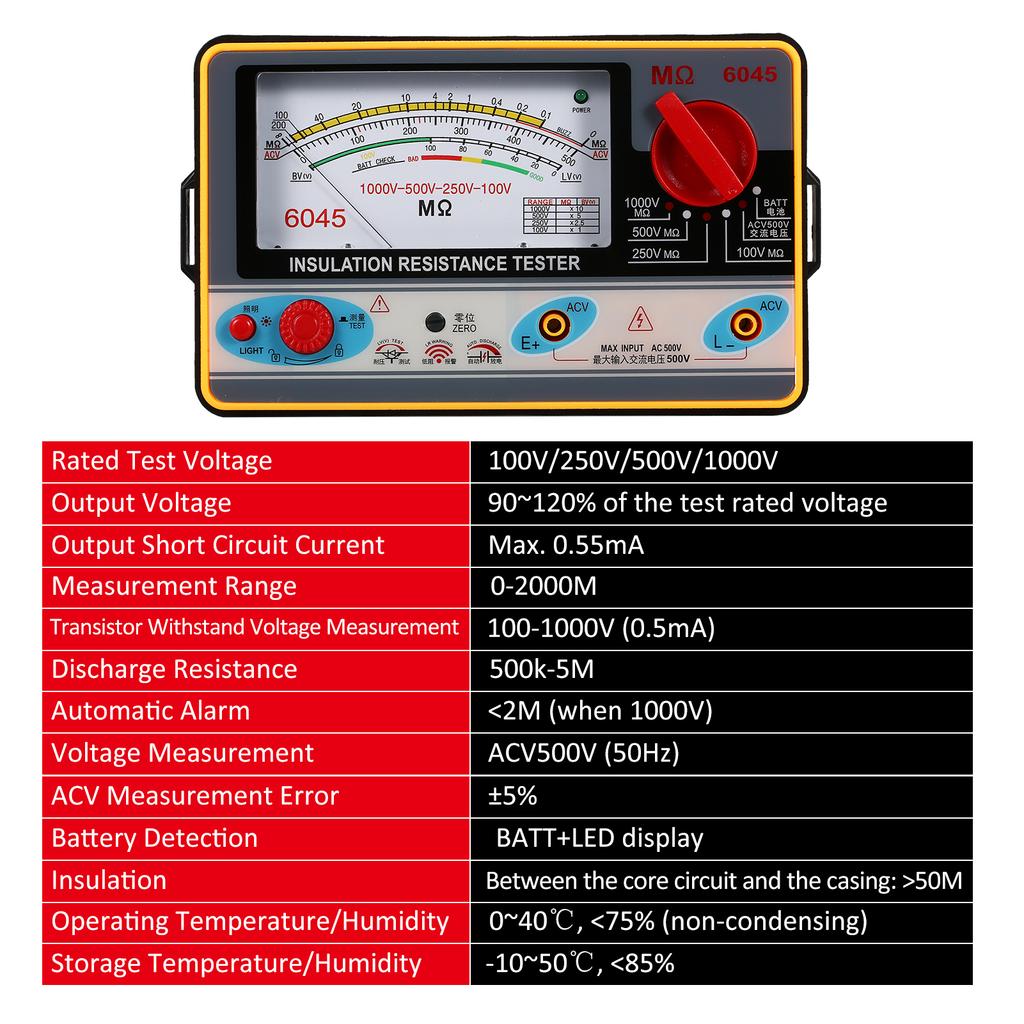 Insulation Resistance Meter Digital Ohmmeter Megger Handheld Insulation Tester Megameter 0-2000M Ohm