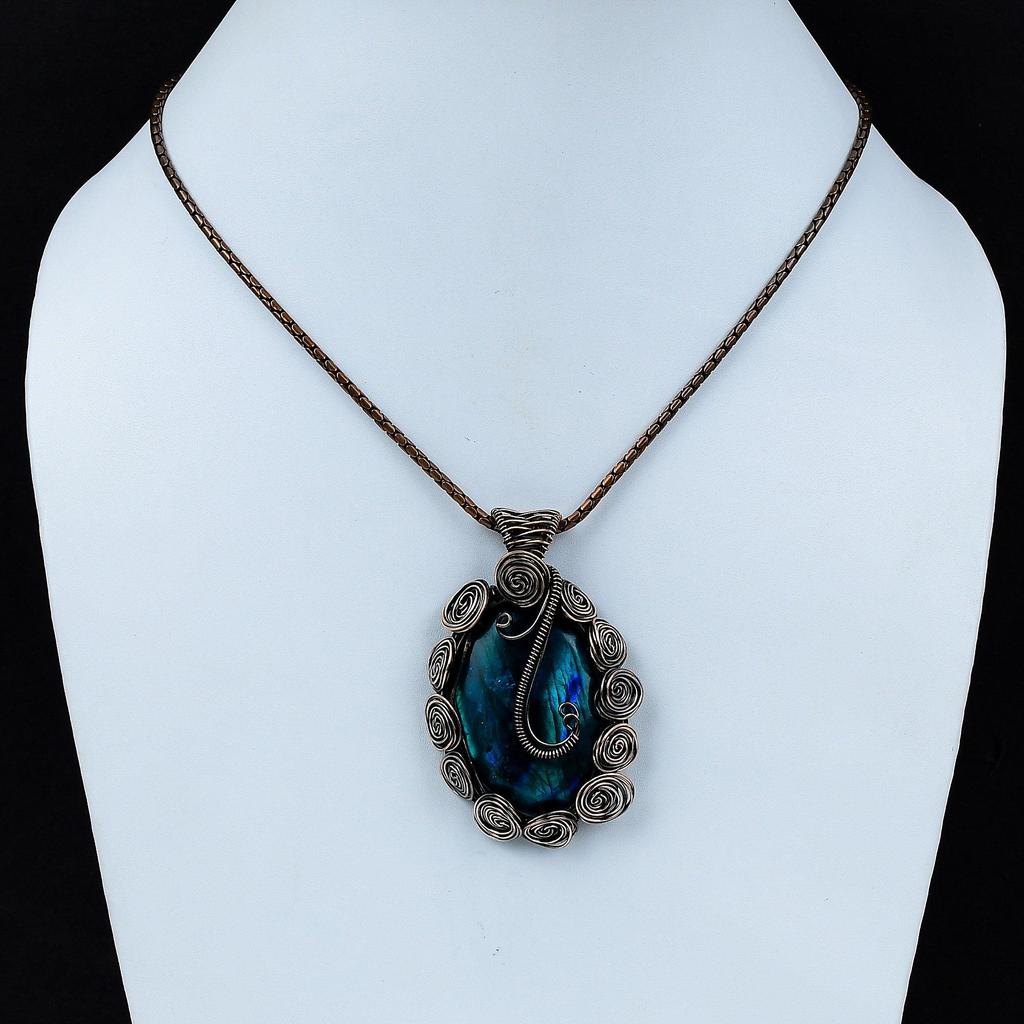 Синий вспышка лабрадорит драгоценный камень медная проволока обертывание ручной работы дизайнер кулон ювелирные изделия подарок