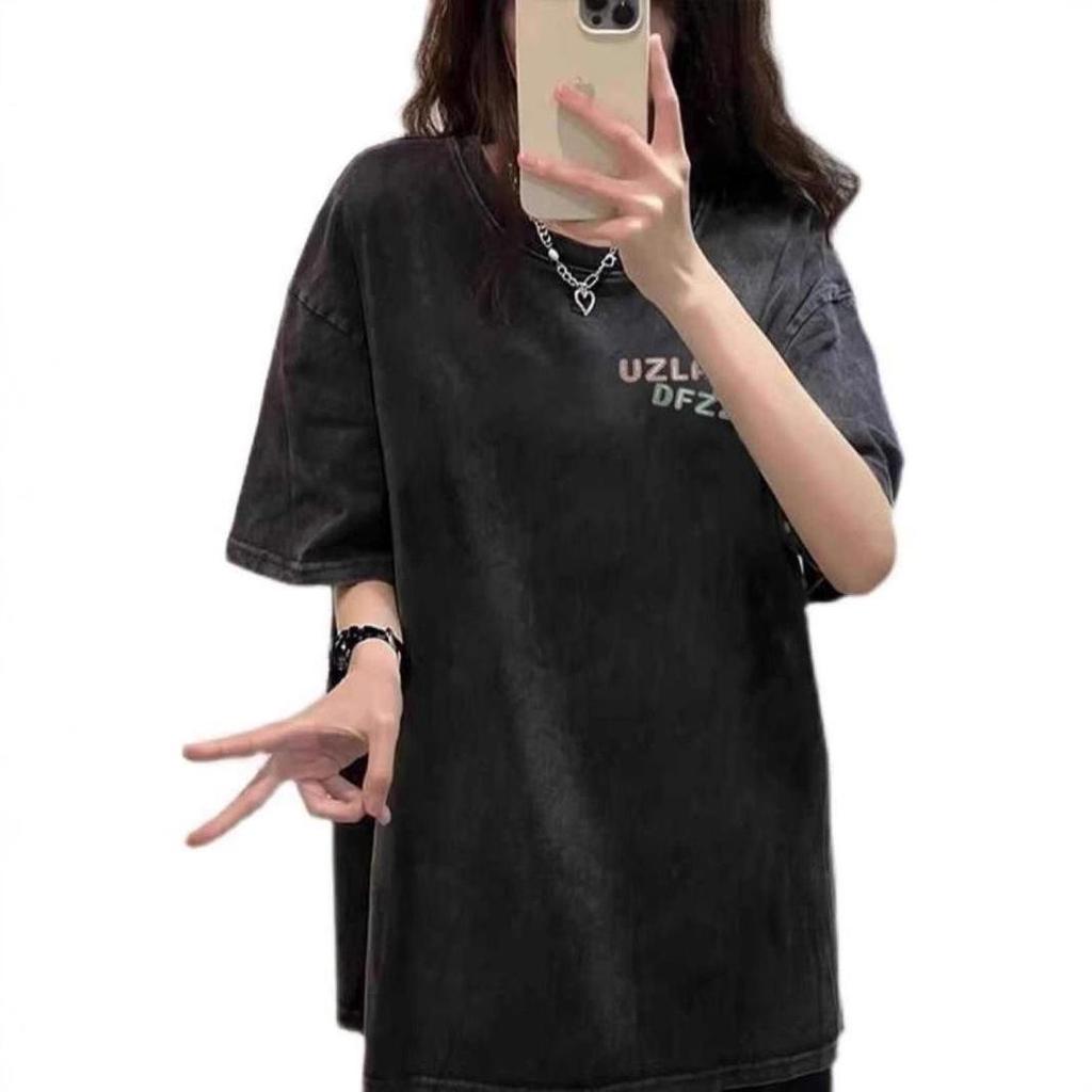 Американская ретро унисекс футболка с эффектом потертости оверсайз - Летняя с коротким рукавом, прямой линией плеча, большого размера