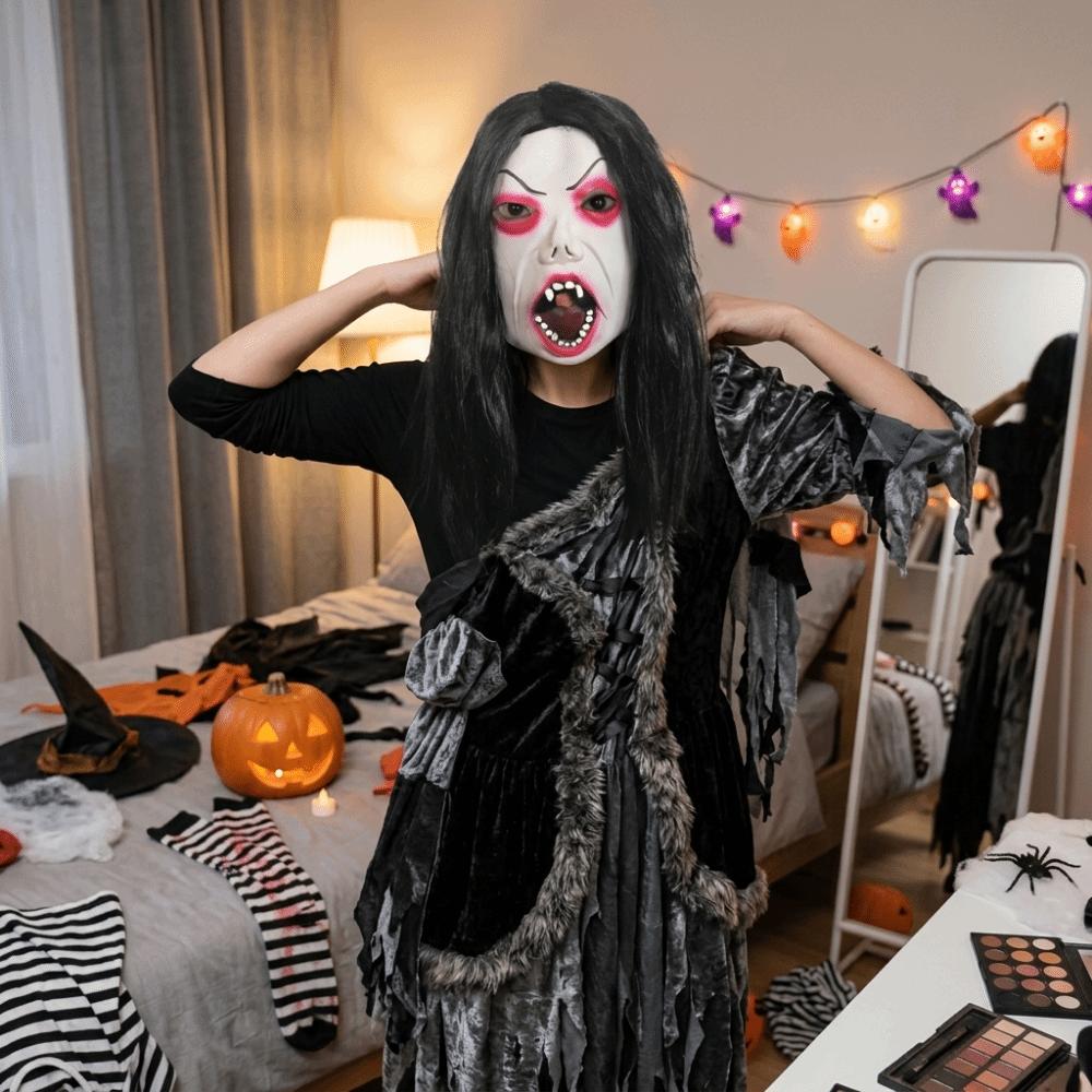 Realistic Black-haired Ghost Mask Spooky Terrifying Cosplay Mask Scary Ghost Mask Haunted House
