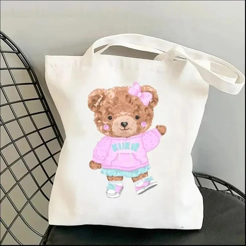 Harajuku Cute Bear Art Shoulder Bags Kawaii Tote Handbag Canvas Girl Environmental Large Capacity Portable Shopping Bag