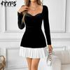 Women's Fashion Spring Fall Solid Color Print Long Sleeve V-Neck High Waist Casual Dresses