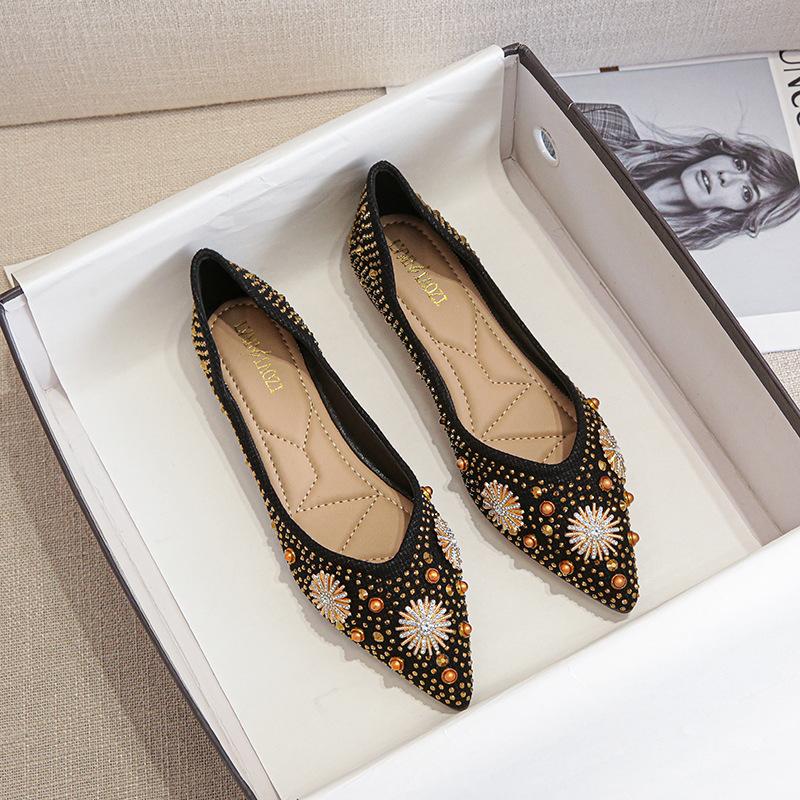 Women's Rhinestone Ballet Flats Fashion Pointed Toe Pearl Diamond Low Heel Dress Wedding Flats for Women Work Business Flat Shoes Casual Walking Shoes