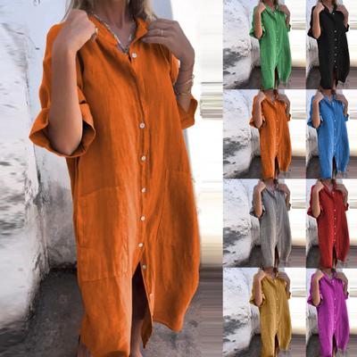 Женское свободное повседневное однотонное хлопковое льняное платье-рубашка со средними рукавами