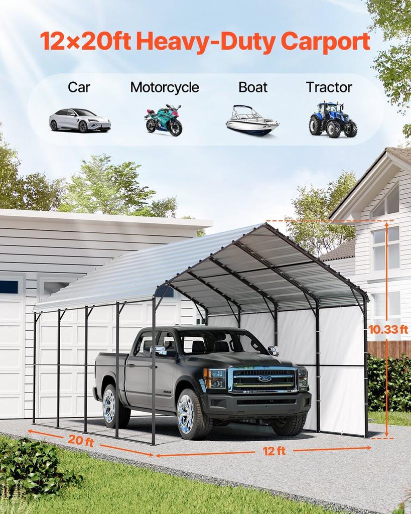 12' x 20' Metal Carport Heavy Duty Outdoor Car Shelter Garage for Boats