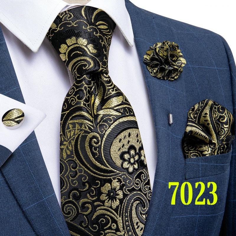 Classic 8.5cm Necktie Set for Men Paisley Tie Fashion Flower Lapel Pin Silk Tie Hanky Cufflink Business Party