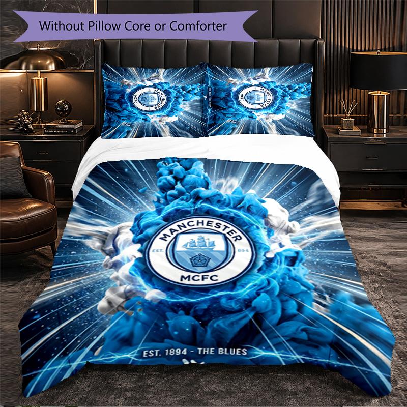 Manchester City Pattern 3 Pieces Bedding Set Soft Microfiber Duvet Cover with Pillow Cases for Bedroom