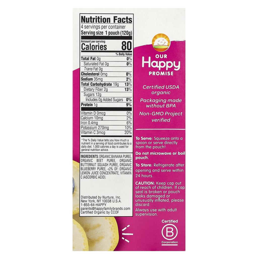 Happy Family Organics, Happy Tot, Love My Veggie, Stage 4, органический банан, свекла, кабачок и черника, 4 пакетика, 4,22 унции (120 г) каждый