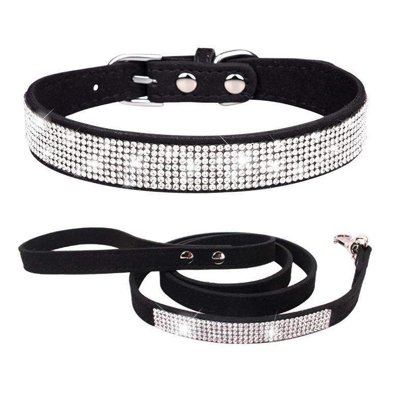 Pet Collar Shiny Rhinestone Dog Collar Small and Medium Dog Chain Walking Leash Microfiber Cat Collar Leash Set