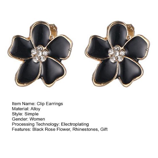 Корейский стиль, черные розы, зажимы для ушей, блестящие серьги-клипсы с инкрустацией стразами, ювелирные изделия