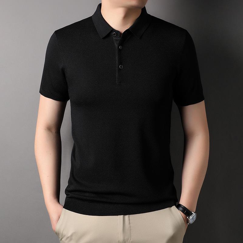 YINGAO Men's Summer Knitted Polo Shirt – Casual Loose Short Sleeve Sweater for Middle-Aged Men