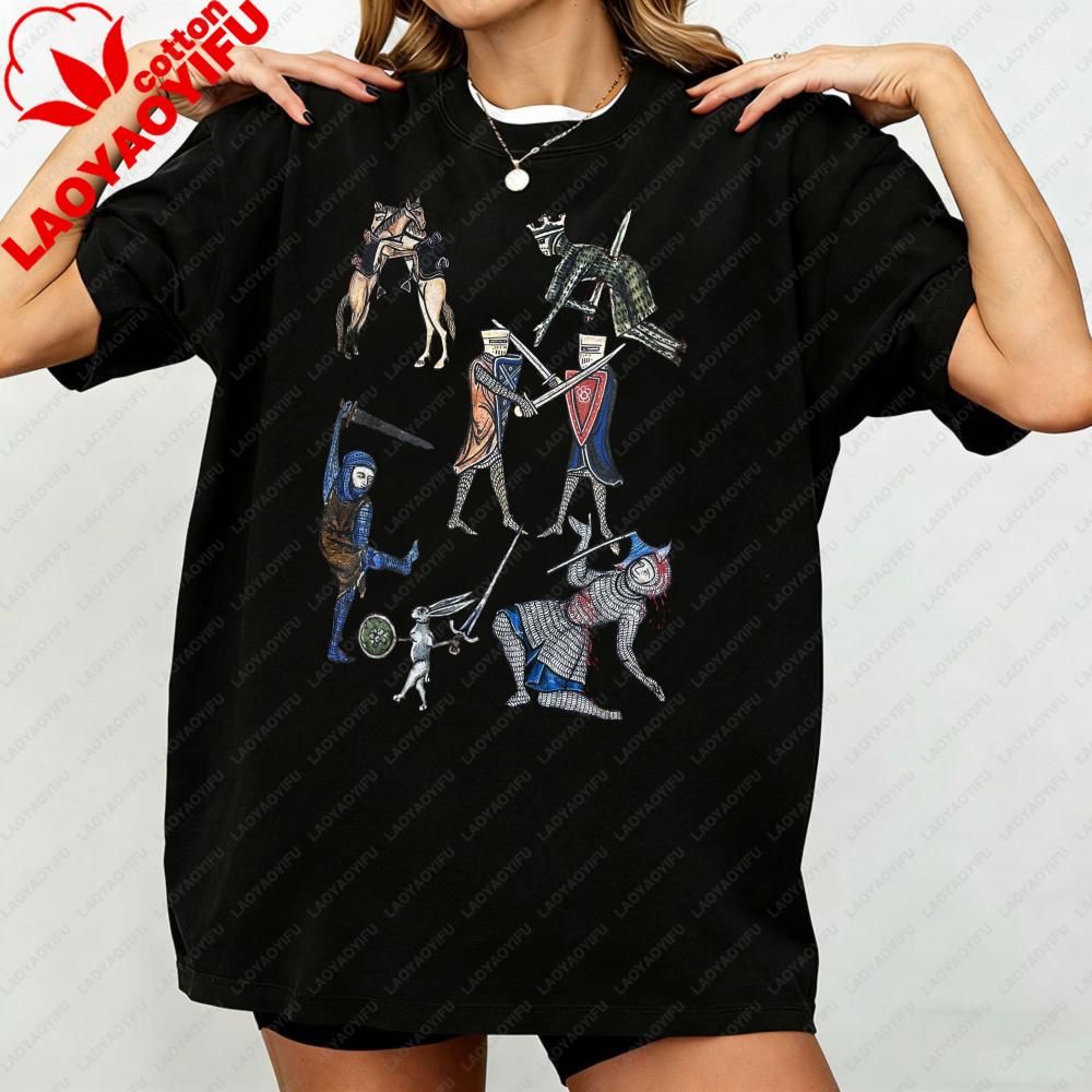 Weird Medieval Battle Shirt, Medieval Marginalia Short Sleeve T-shirt Medieval War Knight Graphic Print Clothes