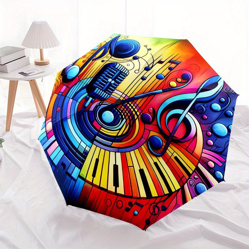 Music Notes, Piano Keys Automatic Folding Umbrella 8 Ribs, Durable Iron Frame, Bright Color Pattern Compact Travel Umbrella, Suitable for O