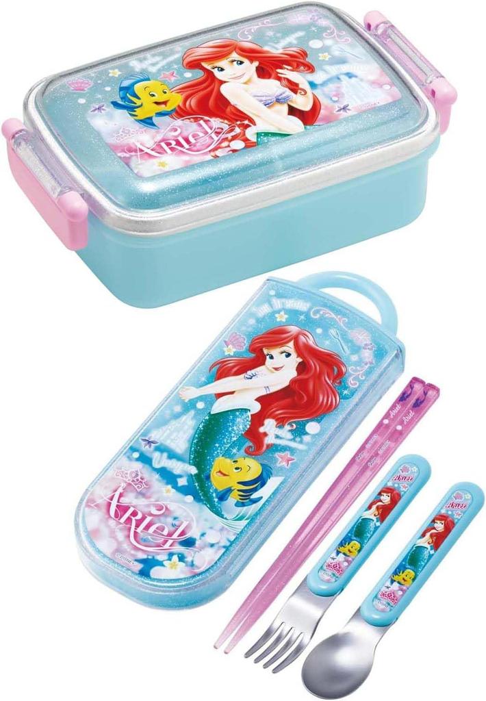 Skater Ланч-бокс Trio Set Палочки для еды Ложка Вилка Детские столовые приборы Антибактериальная обработка Легко открывается Раздвижного типа Сделано в Японии Disney Ariel 24 TACC2AG