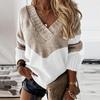 Women Elegant Patchwork Print Knit Sweater Autumn Sexy V-Neck Long Sleeve Pullover Tops Ladies Winter Casual Loose Jumper