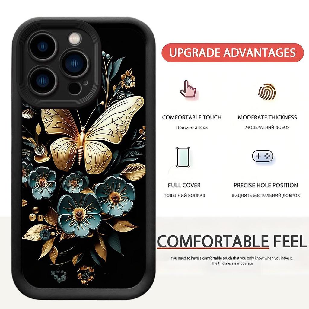 Черный чехол с золотой бабочкой и желобком для iPhone 14/15/16/17 Pro Max