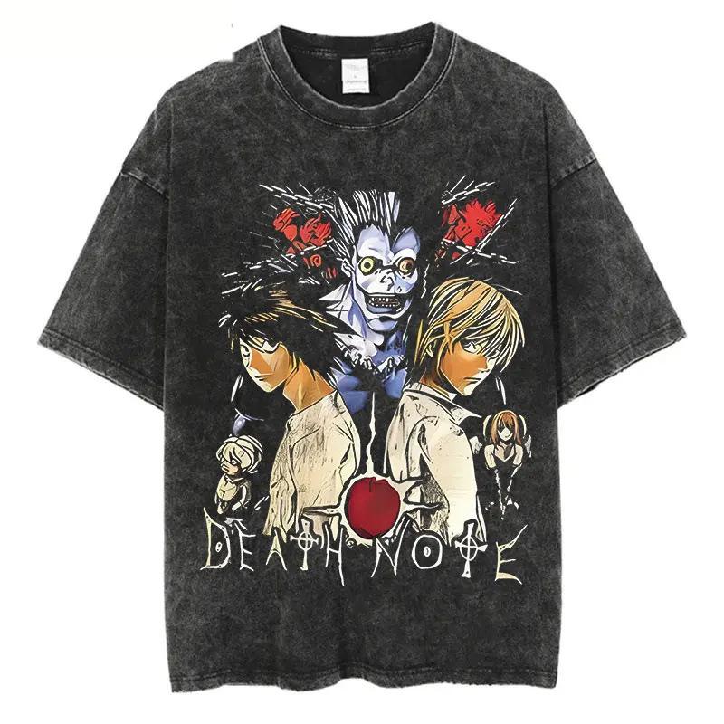 Classic Anime Death Note Graphic Washed Oversized Tshirts Women Men Heavyweight Cotton Streetwear Short Sleeved Female Male Tee