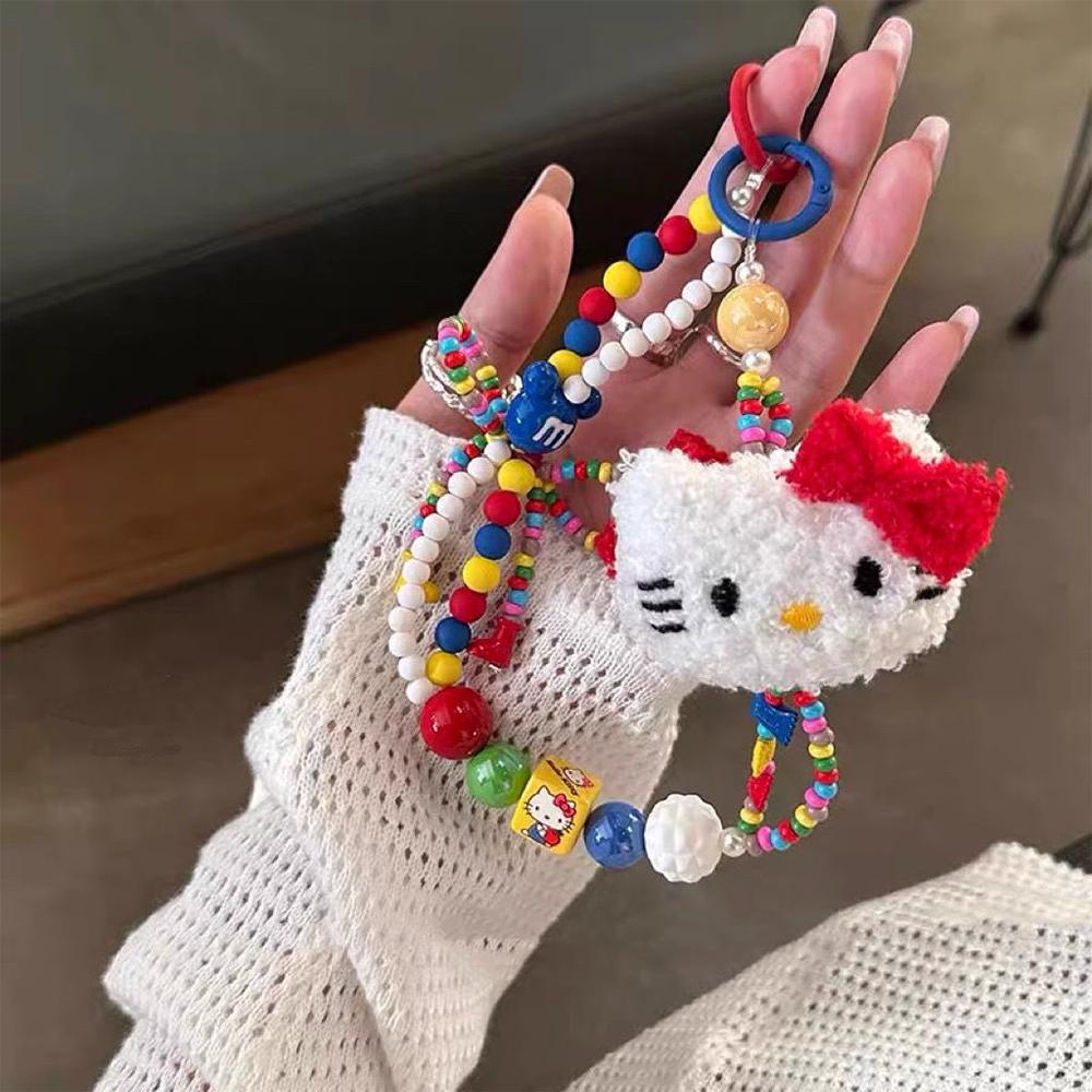 Sanrio Colorful Beaded Keychain Hello Kitty Kawaii Cartoon Plush Phone Strap Wrist Strap Backpack Hanging Decoration Gifts