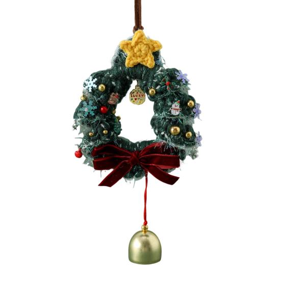 Рождественский вязаный крючком венок, подвесное украшение, рождественская елка, подвеска на зеркало заднего вида автомобиля, венок ручной работы, колокольчик, праздничный кулон для вечеринки