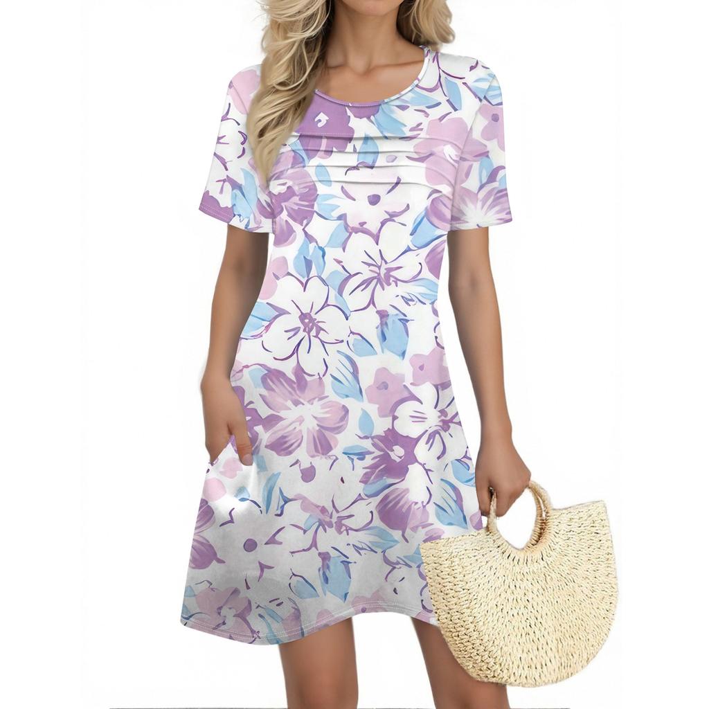Женские летние платья Женские летние платья с цветочным принтом Повседневные платья с коротким рукавом и круглыми карманами