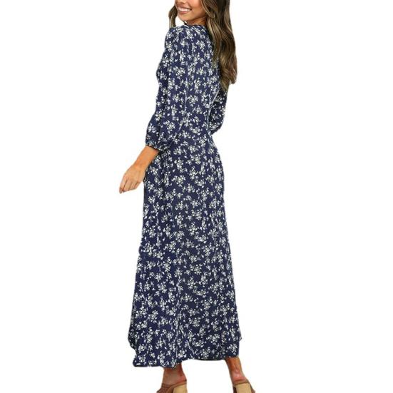 Женское платье макси с цветочным принтом, длинными рукавами и V-образным вырезом, с высокой талией