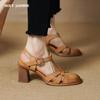 2024 New Arrive Genuine Leather Sandals Women Rome Square High Heels Shoes Simple Summer Ladies Solid Dress Shoes Heels Women