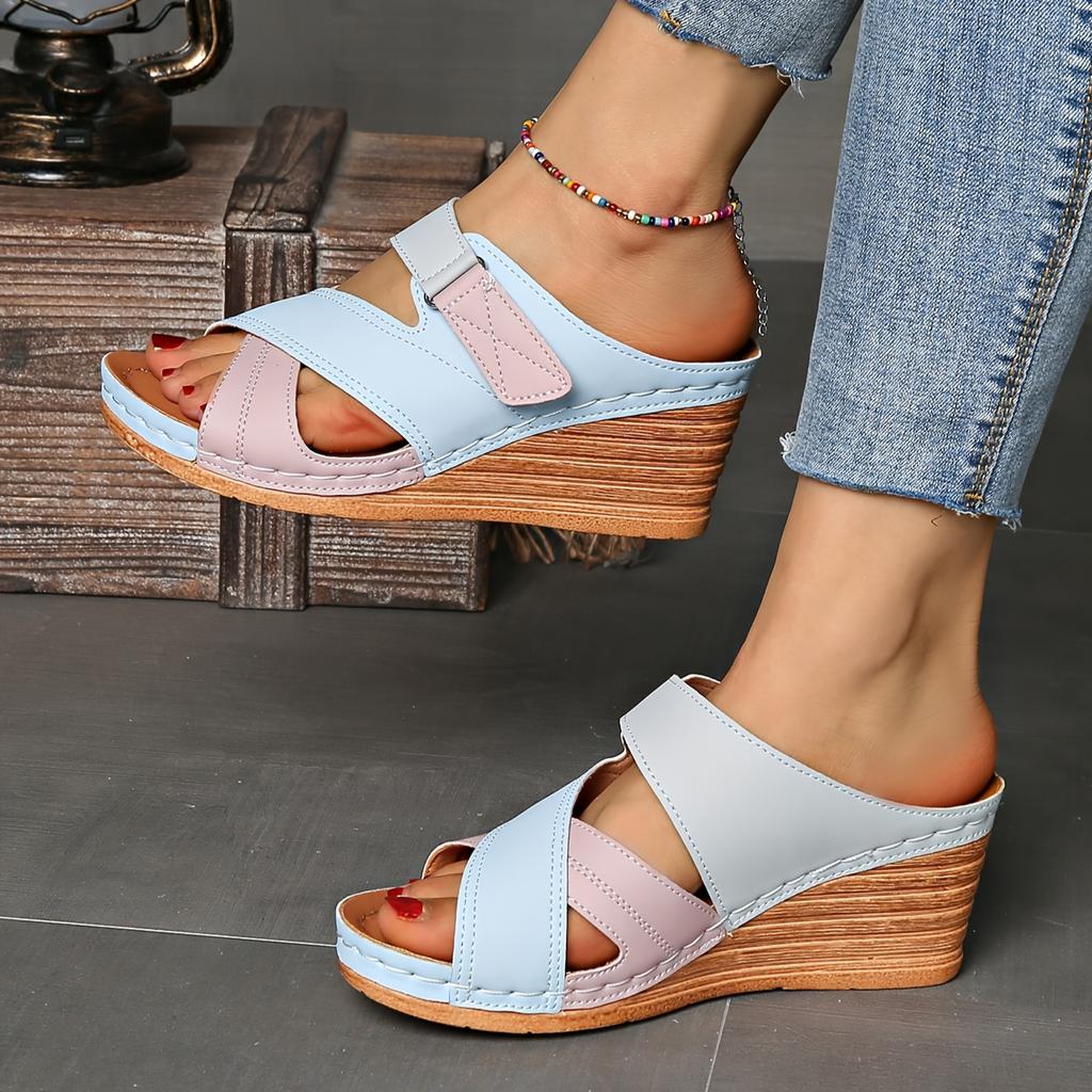 Ladies' Comfortable Color Blocked Sandals, Casual Buckle Open Toe Flat High Heels, Solid Color, Suitable for Summer Outdoor Shoes