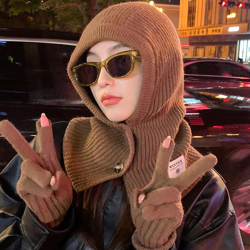 Women's Scarf Integrated Knitted Warm Hat Autumn and Winter Cold Gloves Outdoor One-piece Children's Wool Cape Hat
