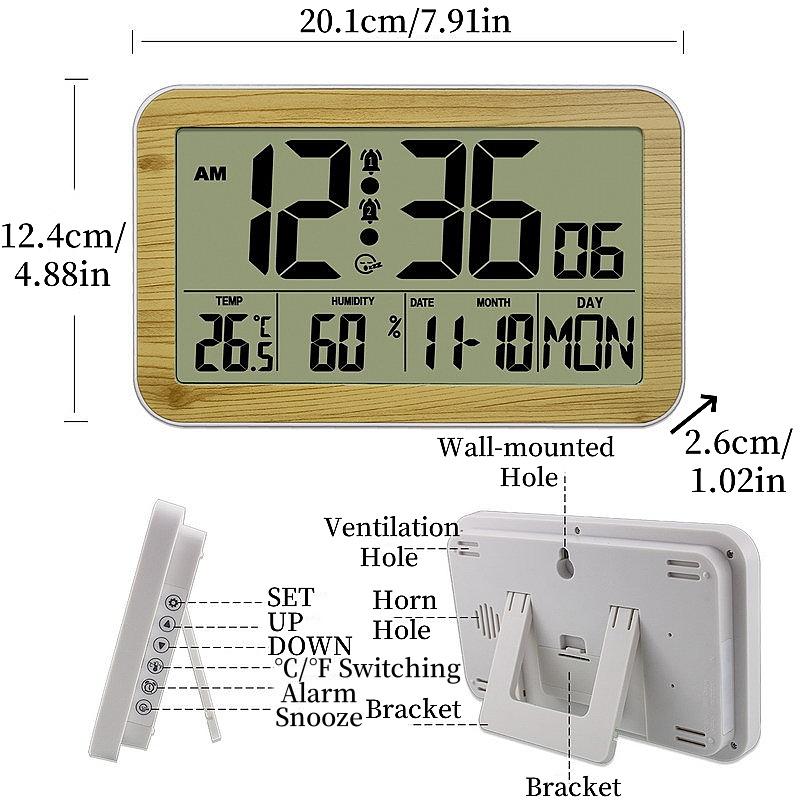 Battery Powered Large Digital Wall Clock Temperature Humidity Date Week Snooze Table Clock Dual Alarm 12/24H LCD Alarm Clock