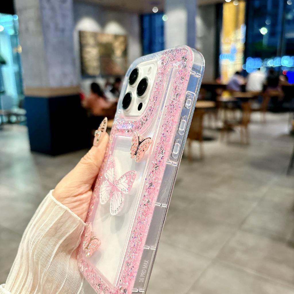 For iPhone 16 Pro Case with 3 Butterflies Decor Glitter Rhinestone Epoxy Design TPU Phone Cover