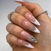 24PCS Spice Girls False Nails Simple White French with Glitter Diamonds Long Stiletto Press On Nails Acrylic Wearable Fake Nails
