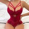 Women Sexy Bodysuit Low-cut Backless Sleeveless Thin See-through Lace Deep V Neck Flower Embroidery Spaghetti Strap Skinny Lady Wedding Night Playsuit