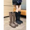 Ботинки на толстой подошве Большой обхват голенища Высокие голенища Ботинки рыцаря для полных ног Женские новые эластичные высокие ботинки из тонкой замши 2025 года