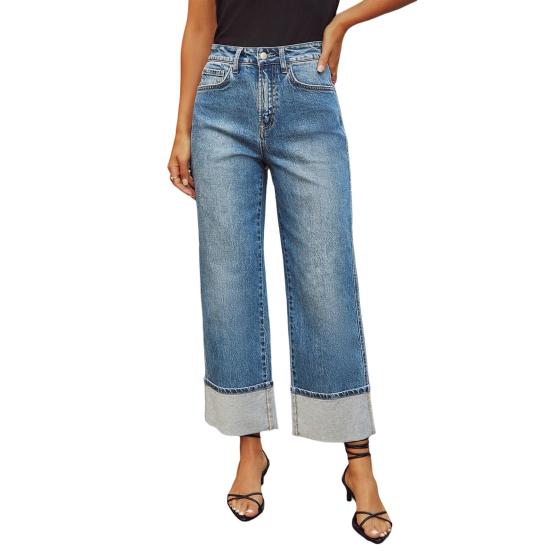 Women Baggy Jeans High Waisted Wide Leg Denim Pants Stretchy Cuffed Hem Straight Boyfriend Jeans with Pockets
