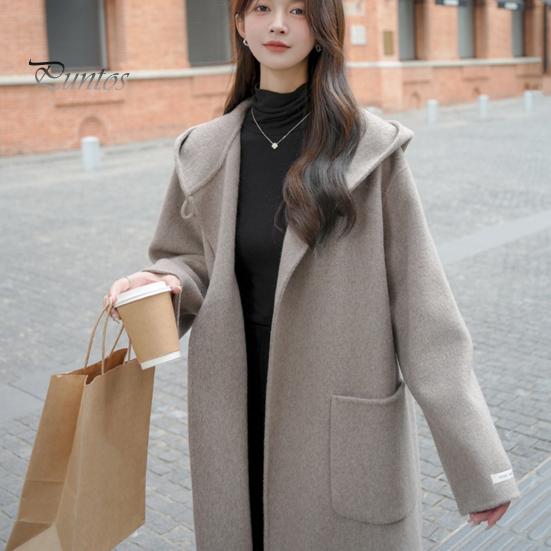 Women Winter Overcoat Hooded Pockets Pure Color Open Stitch Cardigan Mid Length Coat Thermal Long Sleeves Commuting Dating Winter Coat