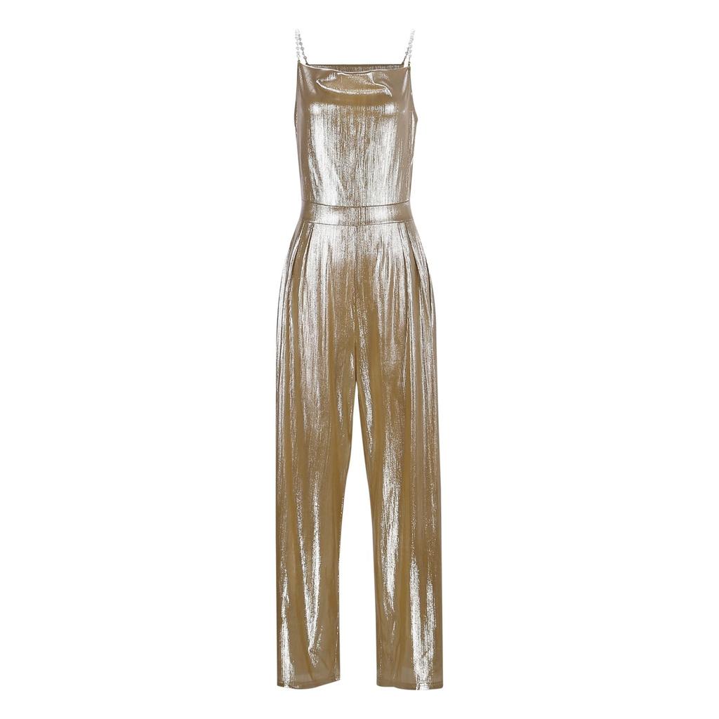 Женский модный и повседневный свободный цветной комбинезон с широкими штанинами, стягивающийся на талии, с элегантными бретелями, украшенными бусинами