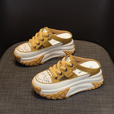 Кожаная сумка, тапочки с закрытым носком, папины кроссовки 2025 новинка, легкие, с внутренней платформой, повседневная спортивная обувь, платформа, тапочки с закрытым носком