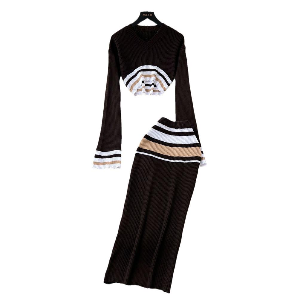 Короткий трикотажный топ с V-образным вырезом в цветных блоках, женский облегающий свитер с юбкой и высокой талией